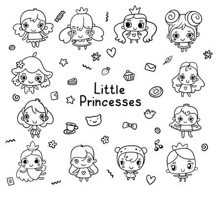 Vector illustration of set of little happy black and white girl in dress with text. Hand drawn line art style design of princess girl for web, site, card, stickerのイラスト素材