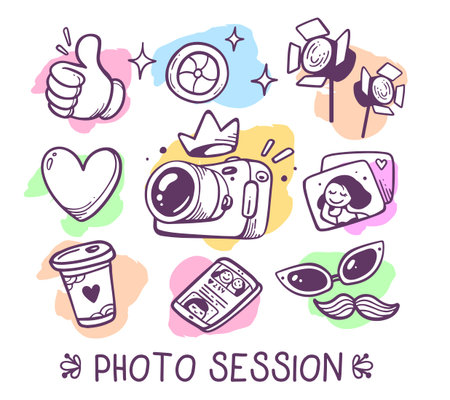 Vector illustration of photographic icon set with photo camera, mobile phone with social news feed, studio light, takeaway coffee cup, picture, heart on white background with text. Hand drawn line art style design for web, site, sticker, printのイラスト素材