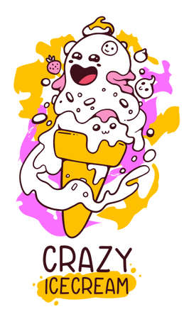 Vector illustration of big vanilla crazy ice cream with open mouth on white background with color splash and text. Hand drawn line art style design for web, site, poster, sticker, greeting cardのイラスト素材