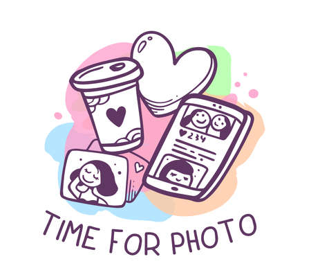 Vector illustration of mobile phone with social news feed, takeaway coffee cup, picture, heart on white background with text. Hand drawn line art style design for web, site, sticker, greeting cardのイラスト素材