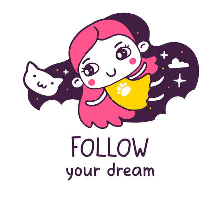 Vector illustration of little smile flying girl in dress with cat, night and text. Hand drawn line art style design of princess girl for web, site, card, printのイラスト素材