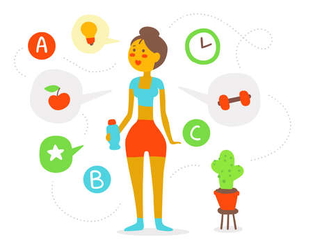 Vector illustration of a beautiful fitness girl with bottle of water, dumbbell, apple, vitamin, cactus on white background. Hand drawn flat style girl for web, site, card, t-shirt, printのイラスト素材