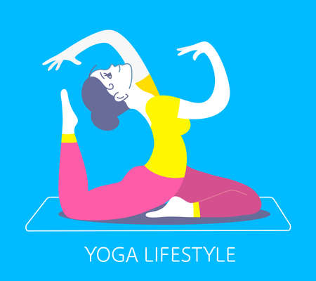 Vector bright illustration of a beautiful fitness girl on blue background. Girl doing a stretching exercise. Hand drawn flat style girl for web, site, card, t-shirt, printのイラスト素材