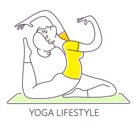 Girl is doing a gymnastic exercise on a mat. Vector illustration of a beautiful fitness girl on white background. Hand drawn line art style girl for web, site, card, t-shirt, printのイラスト素材