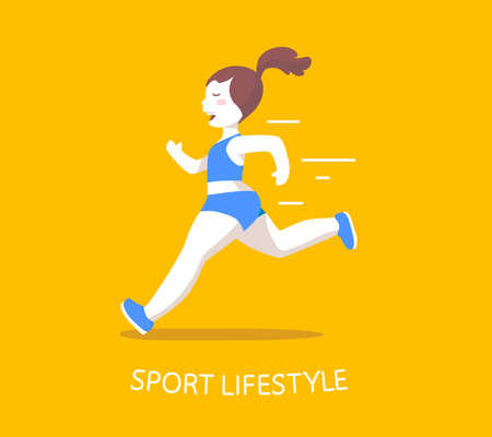 Vector illustration of a beautiful fitness girl running ahead on yellow background. Hand drawn flat style sport girl for web, site, card, t-shirt, printのイラスト素材
