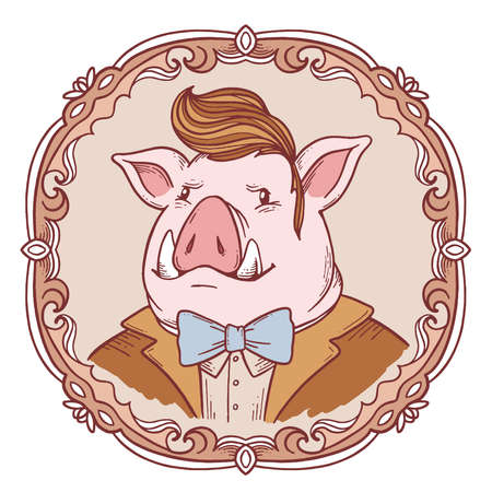 Vector retro portrait of gentle man pig with canines in frock coat. Color illustration in vintage round frame. Hand drawn line art style design of symbol of the new year 2019 for.のイラスト素材