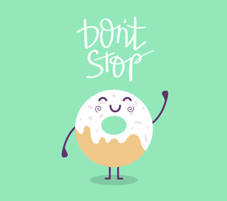 Vector illustration of lovely cartoon donut. Character smile donut on green background with text. Flat style design.のイラスト素材