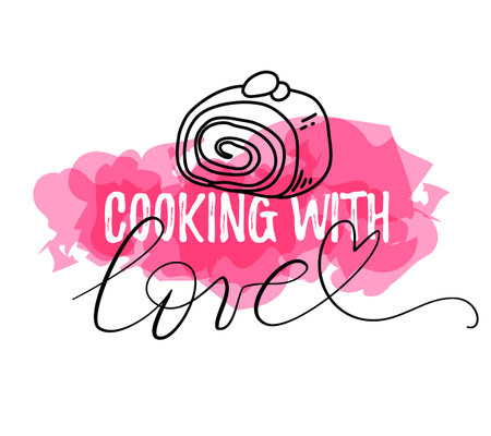 Vector cute illustration of line art style biscuit cake and lettering with font cooking with love, heart on pink and white background.のイラスト素材