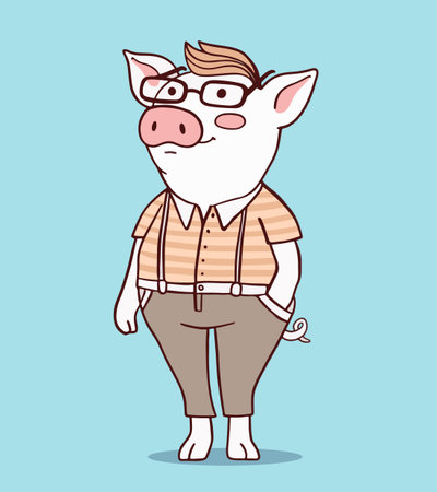 Vector illustration of cute cartoon male hipster pig in pants with pink cheeks and glasses on blue background. Hand drawn line art style design of symbol of the new year 2019.のイラスト素材