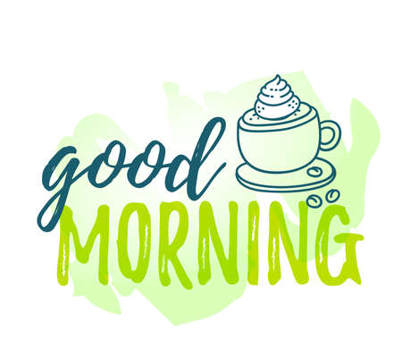 Vector illustration of inscription good morning with line art style cup of coffee on white and green background.のイラスト素材