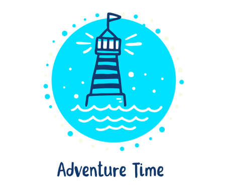 Vector illustration of lovely cartoon sea lighthouse in frame on white background with text. Line art style design.のイラスト素材