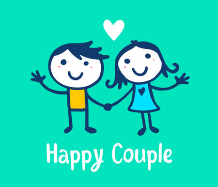 Vector illustration of cartoon girl and boy with heart and text. Lovely happy family on white background. Doodle line art style design.のイラスト素材