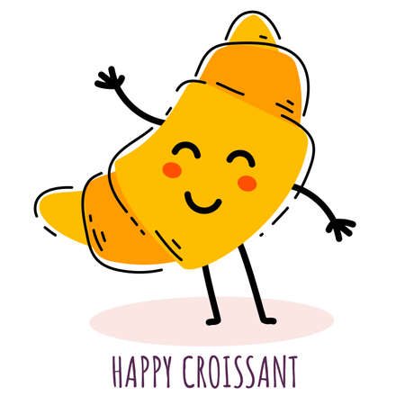 Vector illustration of happy appetizing french croissant character on white background. Flat line art style design for web, site, poster, banner, menu, stickerのイラスト素材