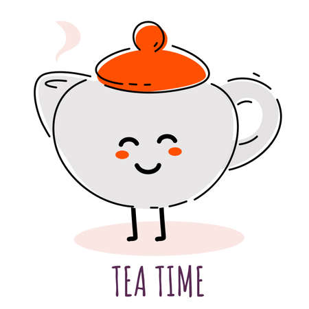 Vector illustration of happy round teapot character with red lid on white background. Flat line art style design for web, site, poster, banner, menu, stickerのイラスト素材