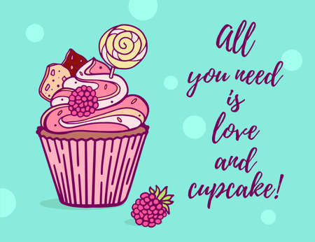 Vector illustration of sweet cupcake with pink color raspberry, lollipop, chocolate piece on blue background with quote text. Line art style design for web, site, banner, poster, greeting card, printのイラスト素材