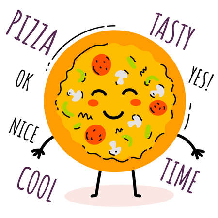 Vector illustration of happy italian tasty pizza character with word on white background. Flat line art style design for web, site, poster, banner, print, stickerのイラスト素材