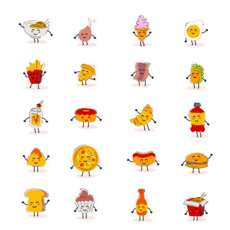 Vector set of happy american fast food character icon on white background. Flat line art style color design of fast food for web, site, banner, sticker, printのイラスト素材