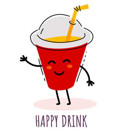 Vector illustration of happy sweet fizzy drink character with a straw on white background. Flat line art style design for web, site, poster, banner, menu, stickerのイラスト素材