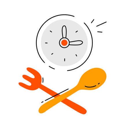 Vector illustration of clock with spoon and fork on white background. Flat line art style concept design of time to eat for web, site, poster, banner, printのイラスト素材