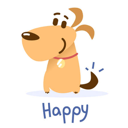 Vector illustration of happy cute orange color dog with collar is sitting on white background. Flat style design for web, site, banner, card, sticker, printのイラスト素材