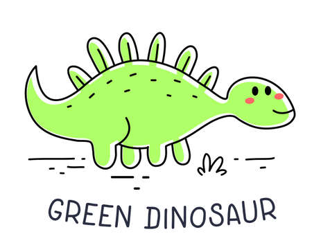 Vector illustration of cute happy green color dinosaur stegosaurus character on white background. Flat doddle line art style design of dinosaur for web, site, poster, banner, print, stickerのイラスト素材