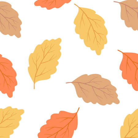 Vector autumn illustration of seamless pattern with beautiful color leaves on light background. Flat style design for web, site, banner, card, advertising posterのイラスト素材