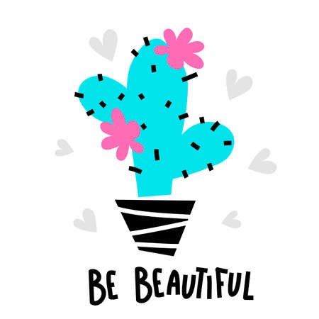 Vector illustration of cute green blooming cactus in pot on white background with text. Flat style design of cactus with flower for web, site, banner, greeting cardのイラスト素材
