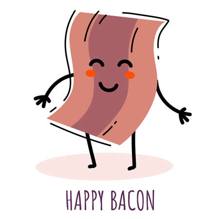 Vector illustration of happy fried striped bacon slice character on white background. Flat line art style food design for web, site, poster, banner, print, stickerのイラスト素材