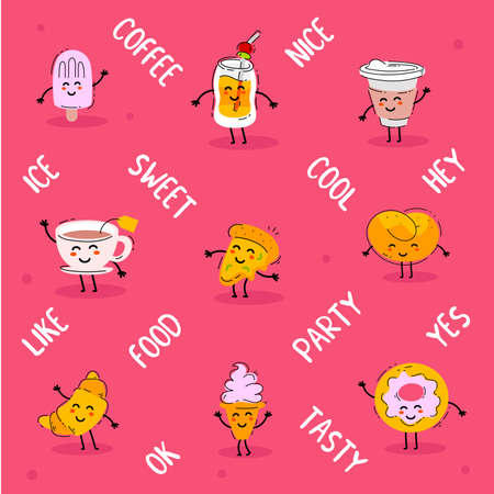 Vector pattern illustration with different happy sweet fast food and drink character on pink color background with word. Line art style design of fast food set for web, site, banner, sticker, printのイラスト素材