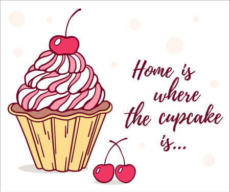 Vector illustration of sweet cupcake with cherry and vanilla strawberry cream on white background with text. Line art style design for web, site, banner, poster, greeting card, printのイラスト素材