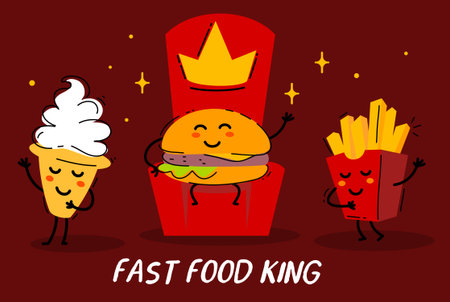 Vector illustration of happy royal burger character king on throne with crown and french fries with...