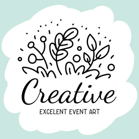 Vector illustration of beautiful floral decoration with inscription on color background. Flat line art style template design of flower for web, site, poster, banner, cardのイラスト素材