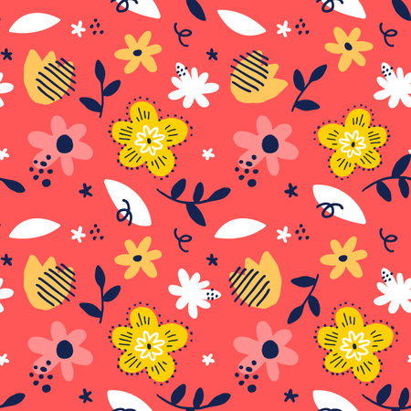 Vector seamless pattern with beautiful flower and floral element on red color background. Flat style...