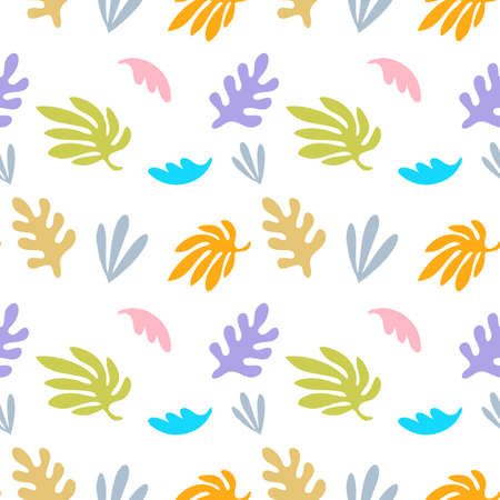 Vector floral seamless pattern with beautiful leaves on white color background. Flat style floral pattern design for web, site, poster, banner, card, print, textile, paperのイラスト素材