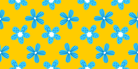 Vector simple horizontal seamless pattern with beautiful blue chamomile flower on yellow color...