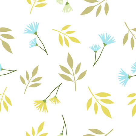 Vector floral seamless pattern with beautiful twig of plant with green color leaf and cornflower flower on white background. Flat style pattern design for web, site, poster, banner, card, print, textile, paperのイラスト素材