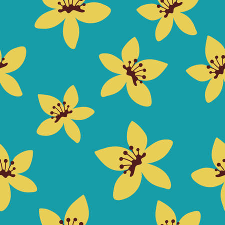 Vector pattern illustration with beautiful yellow lily flower on green color background. Flat style flower pattern design for web, site, poster, banner, card, print, textile, paperのイラスト素材