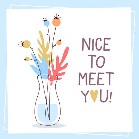 Vector romantic illustration in frame of beautiful floral twig with berry and leaf in a vase on white color background with text. Flat line art style flower design for web, site, lovely poster, greeting cardのイラスト素材