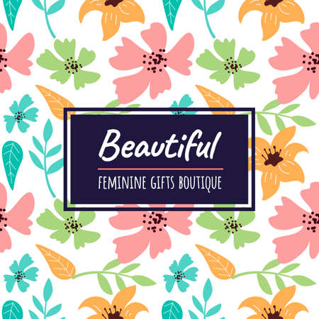 Vector seamless floral pattern with beautiful blossom flower and leaf on white color background with text frame. Flat style template flower design for web, site, lovely poster, greeting cardのイラスト素材