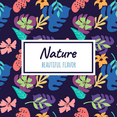 Vector seamless floral pattern with beautiful blossom flower and leaf on dark color background with text space and frame. Flat style template flower design for web, site, lovely poster, greeting cardのイラスト素材