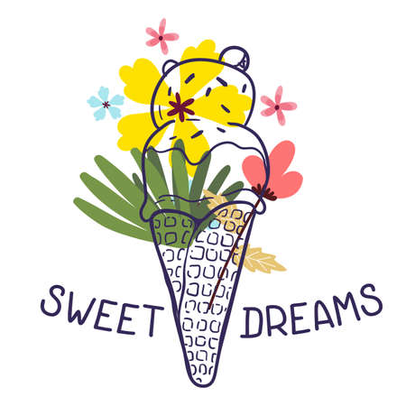 Vector floral illustration of ice cream cone with flowers on white backgroundのイラスト素材
