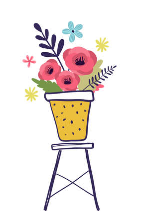 Vector floral illustration of plant pot with red poppy flowers on white backgroundのイラスト素材