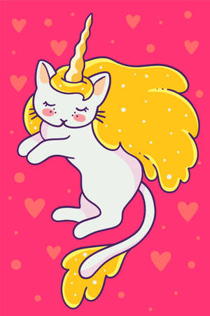 Vector illustration of magic flying cat unicorn with golden mane, horn and close eyes on pink background with hearts. Line art design to make cat unicorn party poster, invitation, greeting cardのイラスト素材