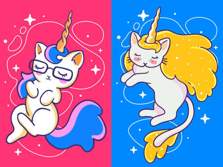 Vector set of illustration of magic beautiful cat unicorn with golden horn, mane and close eyes on color background with star. Line art design to make cat unicorn party poster, invitation, greeting cardのイラスト素材