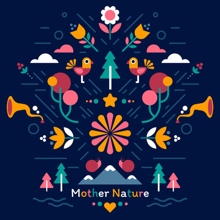 Vector geometrical illustration of nature with flower, bird and trumpet on dark background. Flat...