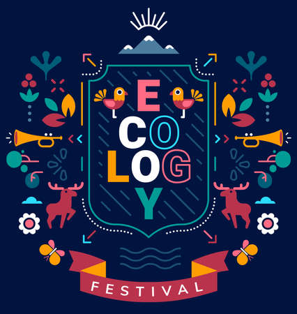 Vector geometrical illustration of ecology of nature with coat of arms and deer, flower, word on dark background. Flat style design with frame for web, site, banner, card, posterのイラスト素材