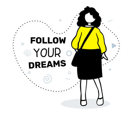Vector illustration of a fashion girl with bag and black hair on white background with text in frame. Hand drawn line art style of girl for web, site, card, bannerのイラスト素材