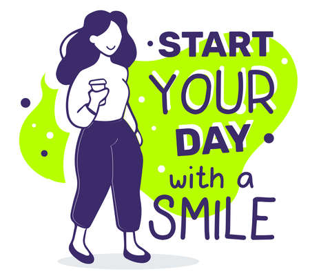 Vector illustration of a fashion smiling girl holding cup of coffee on green background with inspirational text. Hand drawn line art style of girl for web, site, card, bannerのイラスト素材