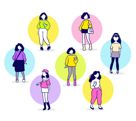 Vector illustration of many girl with black hair and different accessory on color background. Hand drawn line art style of girl for web, site, card, bannerのイラスト素材