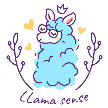 Vector illustration of beautiful blue color llama with crown, glasses, flower and heart on white background. Line art style design for web, site, banner, greeting card, invitation, stickerのイラスト素材